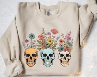Wildflower Skull Shirt, Halloween Sweatshirt, Floral Skull Shirt, Womens Halloween Shirt, Botanical Skeleton Shirt, Skull Fall Halloween Tee