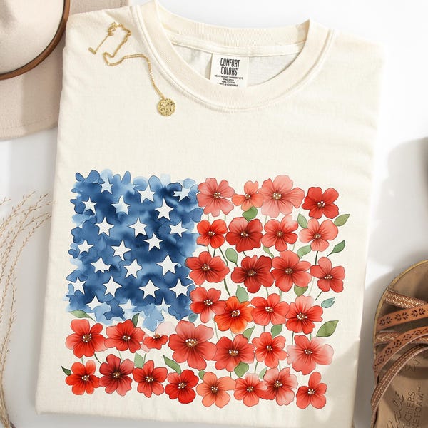 Camiseta con la bandera estadounidense floral Comfort Colors®, camiseta del 4 de julio, camiseta patriótica, camiseta del Día de la Independencia, camiseta con la bandera estadounidense floral, camiseta de EE. UU.