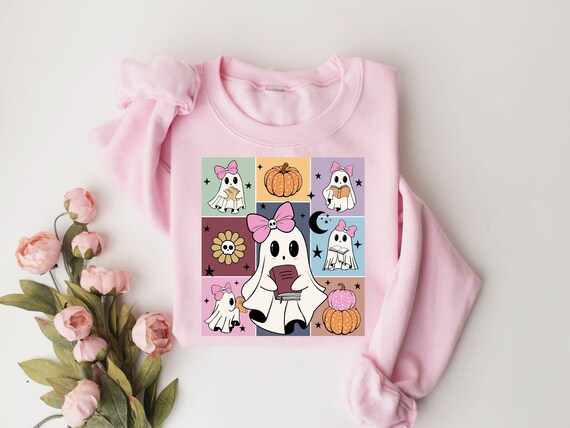 Ghost Reading Books Shirt, Pink Ghost Shirt, Cute Pink Reading Ghost Shirt, Bookish Halloween Shirt, Halloween Gift, Halloween Book Lover