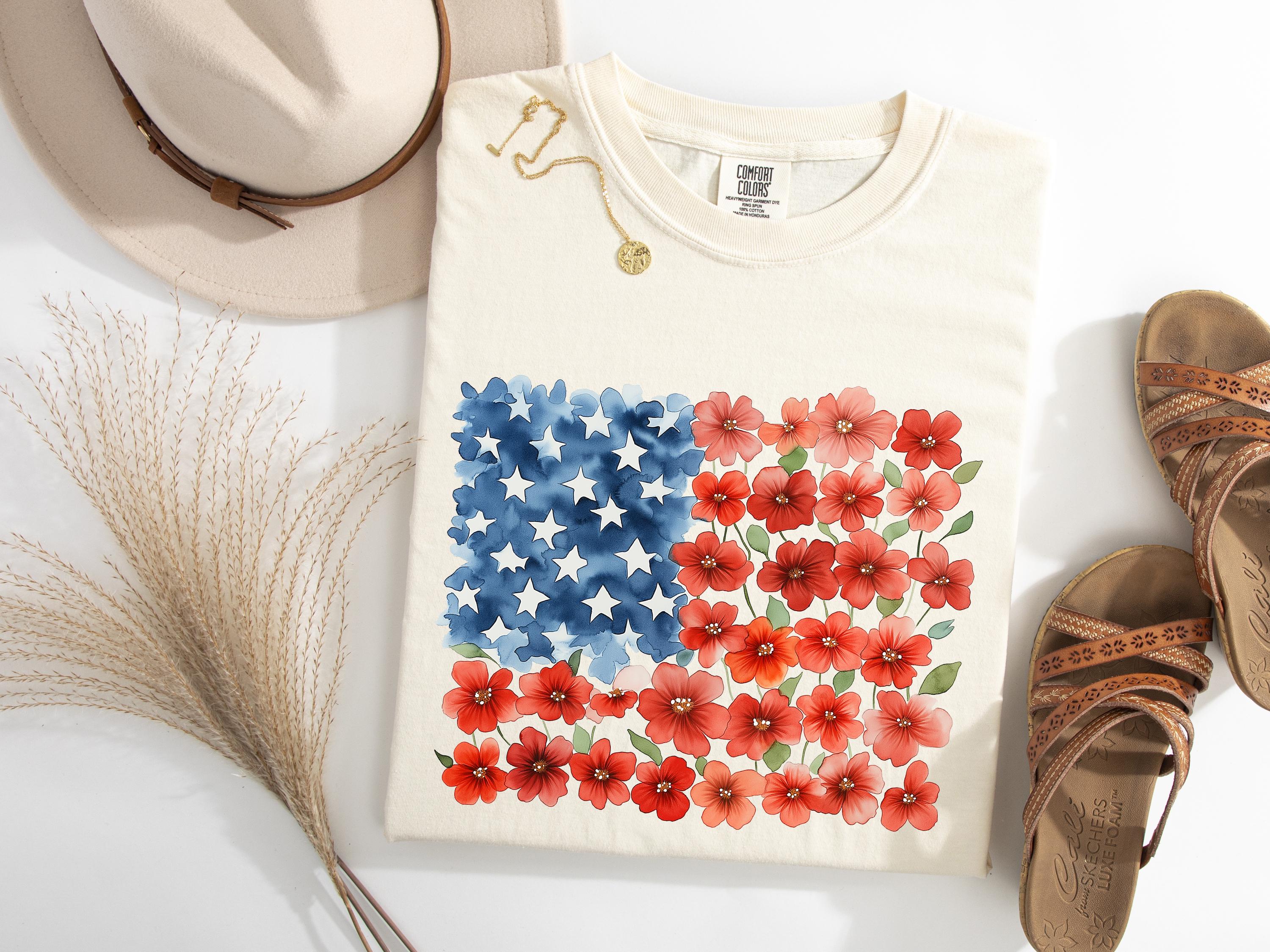 Comfort Colors Floral American Flag Shirt, 4th of July Shirt, Patriotic Shirt, Independence Day Shirt, Floral American Flag Shirt, USA Tee- HHT014