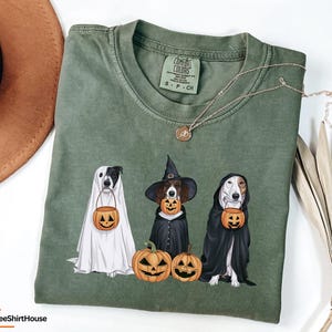 May include: Green t-shirt featuring a ghost, witch, and vampire dog dressed in Halloween costumes and holding jack-o'-lanterns. The text "COMFORT COLORS" is on the shirt.
