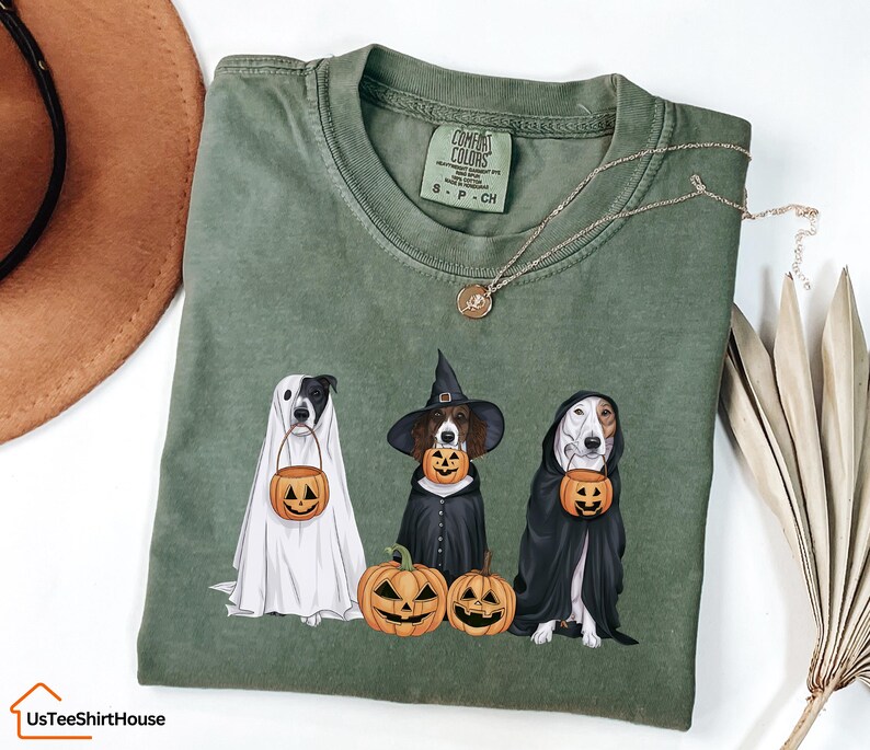 May include: Green t-shirt featuring a ghost, witch, and vampire dog dressed in Halloween costumes and holding jack-o'-lanterns. The text "COMFORT COLORS" is on the shirt.