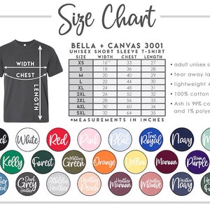 May include: Size chart for Bella + Canvas 3001 unisex short sleeve t-shirts. The chart shows sizes XS to 5XL with corresponding width, chest, and length measurements in inches. The chart also includes information about the fabric composition and features, such as tear-away label and lightweight fabric.