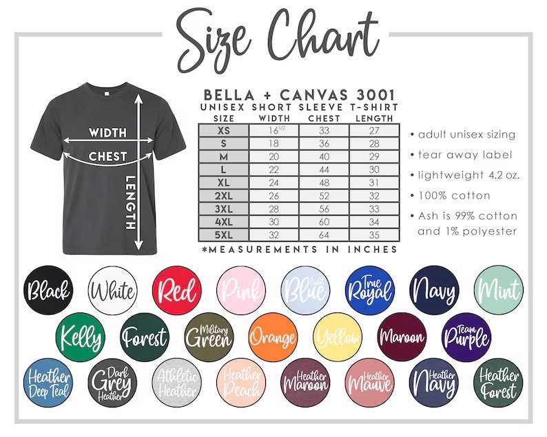 May include: Size chart for Bella + Canvas 3001 unisex short sleeve t-shirts. The chart shows sizes XS to 5XL with corresponding width, chest, and length measurements in inches. The chart also includes information about the fabric composition and features, such as tear-away label and lightweight fabric.