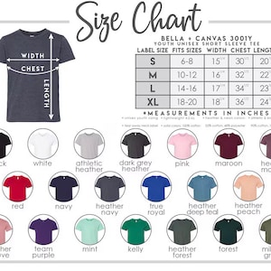 May include: Size chart for youth unisex short sleeve t-shirts in various colors. The chart shows label size, fits sizes, width, chest, and length in inches.  The chart includes Bella + Canvas 3001Y youth unisex short sleeve tee.
