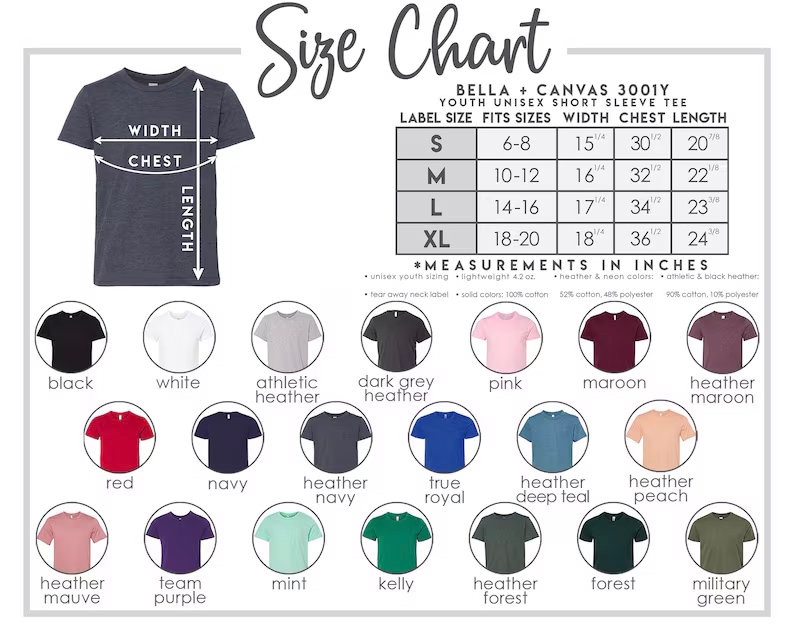 May include: Size chart for youth unisex short sleeve t-shirts in various colors. The chart shows label size, fits sizes, width, chest, and length in inches.  The chart includes Bella + Canvas 3001Y youth unisex short sleeve tee.