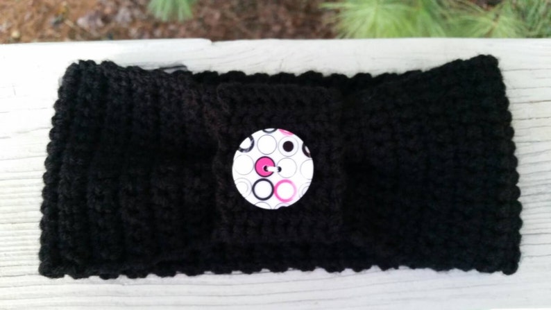 /& Black Button White Head Warmer Crochet Earmuff Headband Turban Style Black with Pink