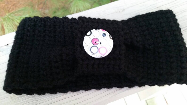 /& Black Button White Head Warmer Crochet Earmuff Headband Turban Style Black with Pink