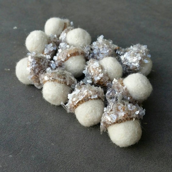 Wool Needle Felted Acorns Winter White with Mica Flakes Set of 12
