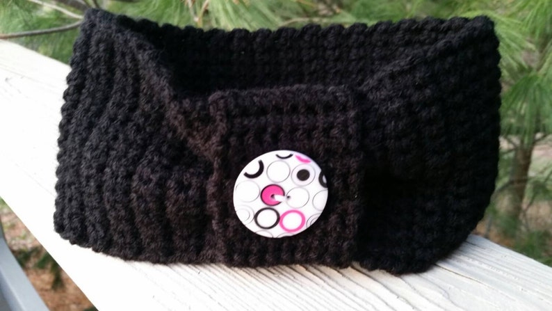 /& Black Button White Head Warmer Crochet Earmuff Headband Turban Style Black with Pink