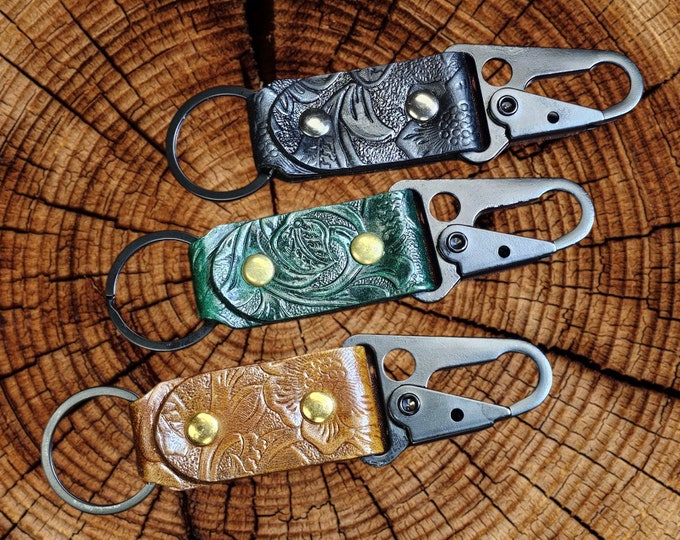 Handcrafted Embossed Leather Keychain with Sling Lever Snap
