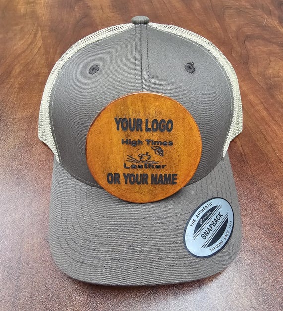 Custom Trucker Hats with Full Grain Veg-Tan Leather Patches, Hand made and laser engraved