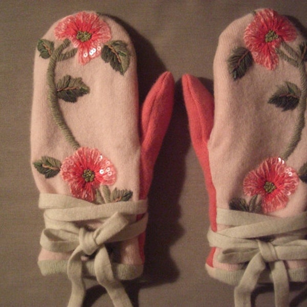 Upcycled Pink Floral Cashmere Mittens