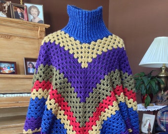 Granny's Turtleneck Poncho Crochet Pattern, Digital Download