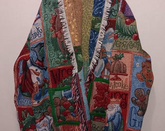 Christmas collage Tapestry Blanket Upcycled Jacket. Please read item description/photos for measurements.*