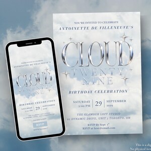 29th Birthday Invitation Template, On Cloud 29 Editable Canva Invite, Dreamy Cloud 9 Celebration, Printable & Digital Evite 5x7