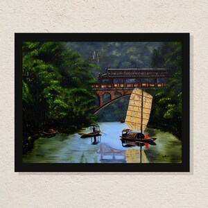Boat on Calm River Acrylic Painting: Asian Landscape Art Print