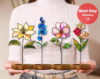 Birth Flower Bouquet, Birthday Suncatcher, Personalized Birth Month Flower Stained Glass, Floral Table for Women, Mom, Grandma, Garden Stake