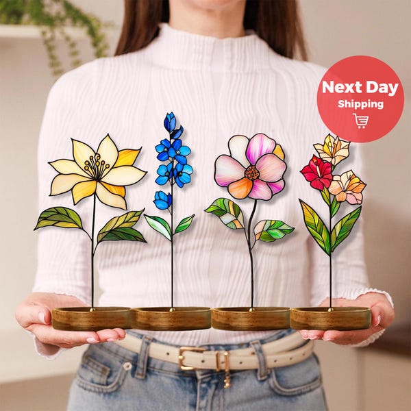 Ramo de flores de nacimiento, atrapasol de cumpleaños, vitral floral personalizado para el mes de nacimiento, mesa floral para mujer, mamá, abuela, estaca de jardín