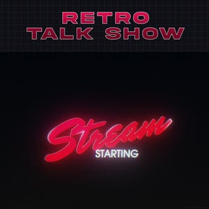 Peut inclure: Fond noir avec les mots "RETRO TALK SHOW" en rouge, texte souligné en haut. En dessous, le mot "Stream" est écrit en cursive, en rouge, avec "STARTING" en blanc en dessous. Le thème général est un talk-show rétro.