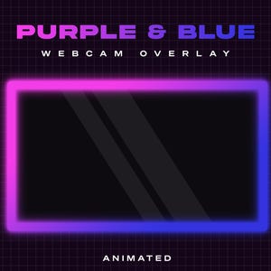 Può includere: Sovrapposizione di webcam animata con una cornice al neon viola e blu. Il testo "PURPLE & BLUE WEBCAM OVERLAY ANIMATED" è visualizzato sotto la cornice.