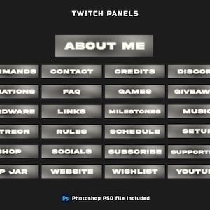 May include: A set of 16 white text buttons on a black background with the words "Twitch Panels" at the top and "About Me" in a larger button at the top center. The buttons are labeled with words like "Commands", "Contact", "Credits", "Discord", "Donations", "FAQ", "Games", "Giveaway", "Hardware", "Links", "Milestones", "Music", "Patreon", "Rules", "Schedule", "Setup", "Shop", "Socials", "Subscribe", "Supporters", "Tip Jar", "Website", "Wishlist", and "Youtube".