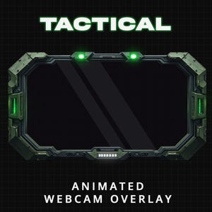 Puede incluir: Una superposición de webcam animada con un diseño táctico. El marco es de color verde oscuro con acentos verdes brillantes y la palabra "TACTICAL" en verde brillante. El texto "ANIMATED WEBCAM OVERLAY" está en la parte inferior.