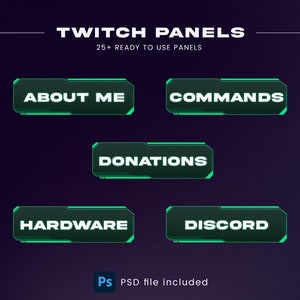 Twitch Panels - Green Futuristic Panels for About page on Twitch, Editable Stream Panels, PSD Included, Green Twitch Panels