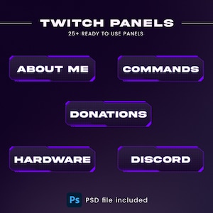 Twitch Panels - Purple Futuristic Panels for About page on Twitch, Editable Stream Panels, PSD Included, Purple Twitch Panels