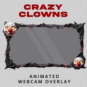 May include: Animated webcam overlay with a grey background and a torn black border. The text "CRAZY CLOWNS" is in red, and clown faces are on each side. The text "ANIMATED WEBCAM OVERLAY" is at the bottom.