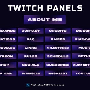 May include: A set of 16 purple Twitch panels with white text. The panels include titles such as "About Me", "Commands", "Donations", "FAQ", "Games", "Giveaway", "Hardware", "Links", "Milestones", "Music", "Patreon", "Rules", "Schedule", "Setup", "Shop", "Socials", "Subscribe", "Supporters", "Tip Jar", "Website", "Wishlist", and "YouTube".