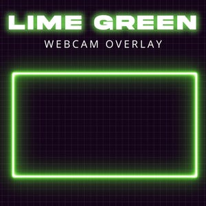 Puede incluir: Superposición de webcam de neón verde lima con un fondo de cuadrícula y el texto "LIME GREEN WEBCAM OVERLAY".