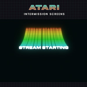 Peut inclure: Graphique de style rétro pour les écrans d'entracte Atari. L'image présente le logo Atari et le texte "INTERMISSION SCREENS" en haut. En dessous, un arc coloré et stylisé avec les mots "STREAM STARTING" dans une police lumineuse.