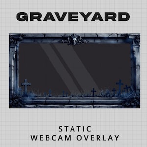 Könnte beinhalten: Ein statisches Webcam-Overlay mit Friedhofsthema. Das Design zeigt einen dunklen, rechteckigen Rahmen mit einem Totenkopf und gekreuzten Knochen oben. Grabsteine und Laub sind unten sichtbar. Das Wort "GRAVEYARD" steht oben.