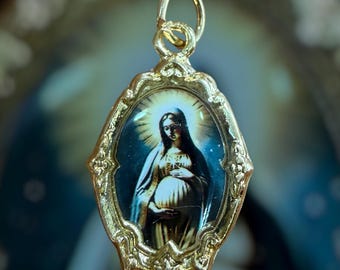 Gold Filled, Pregnant Virgin Mary/Virgen de la Dulce Espera Catholic Medal/Charm, Double-sided images