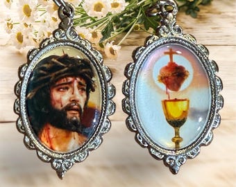 Precioso Sangue de Jesus, 5 cm de comprimento, Amuletos/Medalhas Católicas, Imagens de dupla face