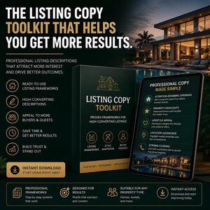 Könnte beinhalten: Ein digitales Marketing-Toolkit für Immobilienanzeigen. Das Bild zeigt eine schwarze Box und ein Tablet, das die Funktionen des Toolkits anzeigt, einschließlich sofort einsatzbereiter Listing-Frameworks und hochkonvertierender Beschreibungen. Der Text auf der Box lautet "Listing Copy Toolkit".