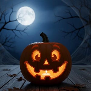 Peut inclure: Une citrouille orange sculptée avec un visage souriant, éclairée de l'intérieur par une bougie. L'arrière-plan présente une pleine lune, des branches d'arbres nues et un ciel bleu foncé, créant un thème d'Halloween.