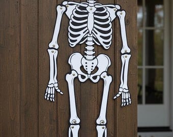 Puede incluir: Decoración de esqueleto blanco y negro de tamaño completo para Halloween. El esqueleto está hecho de recortes blancos con contornos negros y está sujeto a una puerta de madera. Una decoración clásica de Halloween.