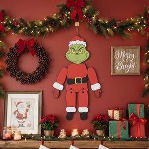 Peut inclure: Une décoration de Noël festive avec une découpe du Grinch, une couronne de pommes de pin et une guirlande avec des lumières et des nœuds rouges. Une impression encadrée du Père Noël, des cadeaux emballés et des bas complètent la scène.