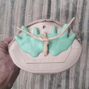 May include: A beige and green nightlight shaped like a mushroom with a string loop for hanging. The nightlight has a small light bulb and a battery compartment on the bottom. The text on the bottom reads "Rating 6V (DC) 5W Battery: 4.5V AA" and "CE".