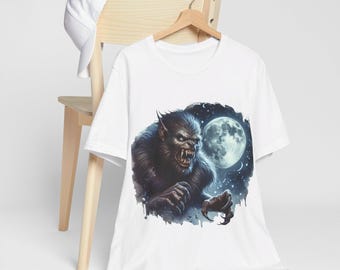 T-shirt loup-garou créatures au clair de lune imprimé à la main - t-shirt graphique loup-garou hurlement lunaire pour Halloween effroi de la pleine lune T-shirt loup-garou unique