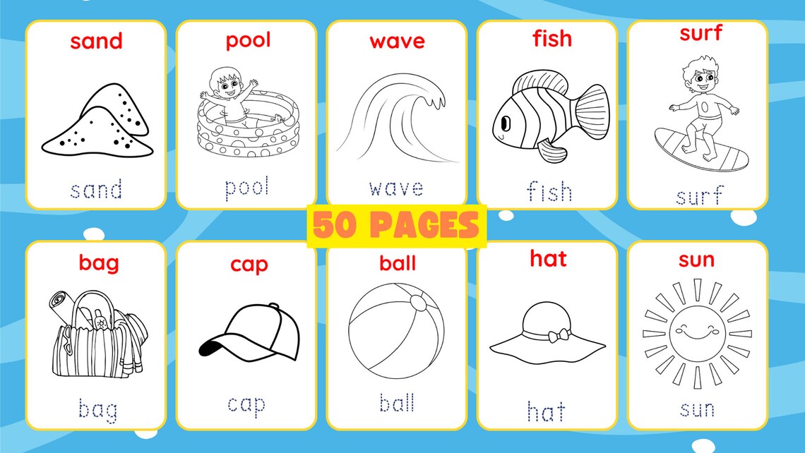 Fun in the Sun Summer Printable 50 Coloring Pages for Kids, Tracing