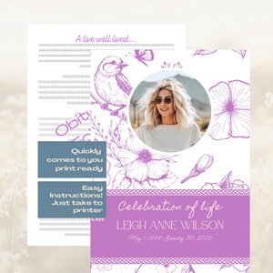 Puede incluir: Una tarjeta conmemorativa imprimible de color morado y blanco con un diseño floral y una foto de una mujer. El texto dice "Celebration of Life Leigh Anne Wilson 1 de mayo de 1998 - 30 de enero de 2025".