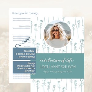May include: A printable memorial card with a blue and white floral pattern. The card features a photo of a woman with blonde hair and sunglasses. The text on the card reads "Celebration of Life Leigh Anne Wilson May 1, 1998 - January 30, 2025".