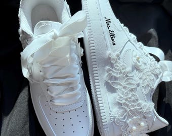 Personalized Wedding Sneakers for Bridal -Embroidered Bridal Sneakers -  Prom Sneakers - Pearl Lace Bridal Shoes -Unique Anniversary Gift