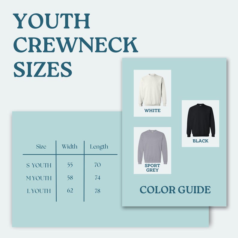 a brochure for a youth crew neck sweater size guide