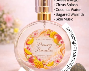 Aceite y spray de perfume Pwussy Paradise / Fragancia tropical de mango y cítricos / Dulce aroma veraniego / Femenino y afrutado / Perfume artesanal