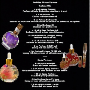 May include: An image showcasing various perfume oil and spray perfume sizes and formats. The image includes bottles with floral and botanical inclusions, and text detailing sizes such as 3 ml, 5 ml, 10 ml, and 2 oz (59 ml).