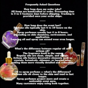May include: A black background with text about perfume oils and sprays. The image includes three perfume bottles with decorative elements, including flowers and gold flakes. The text answers frequently asked questions.